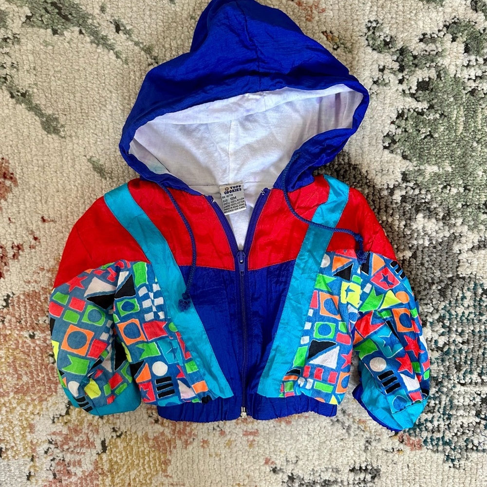 Vintage Baby Windbreaker Jacket Colorful Geometric Hooded Tuff Cookies Size 18M